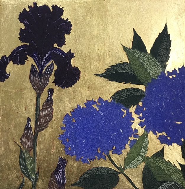 Dark Iris and Blue Hydrangea