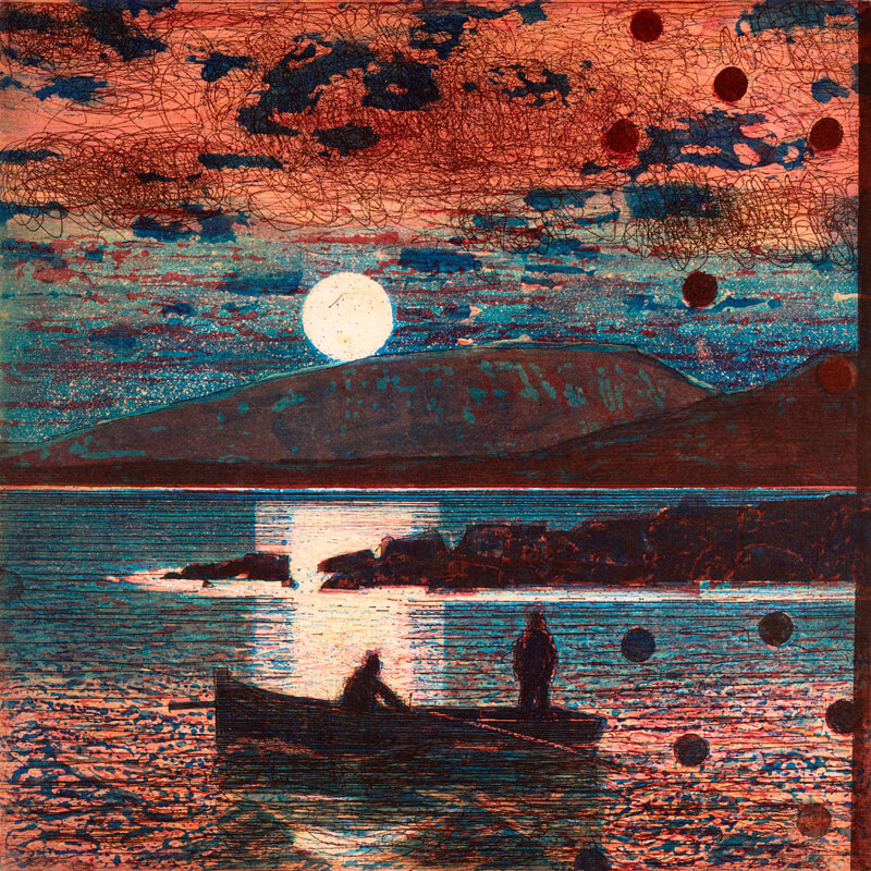 Artist Observing Moonrise From The Sea