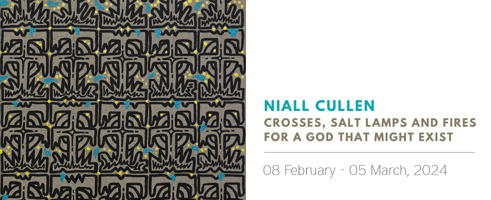Crosses, Salt Lamps and Fires for a God That Might Exist is the latest solo exhibition by Niall KJ Cullen. The work is installed in harmony with the decorative architecture of the gallery space, originally a ball room dating back to 1744.